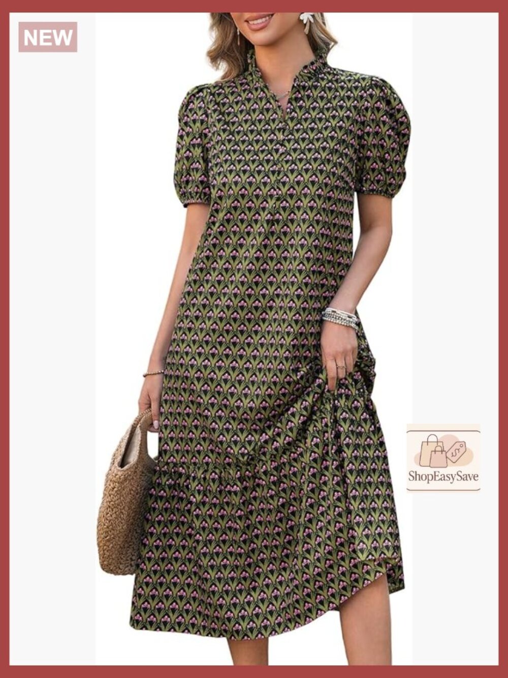 Summer Floral Maxi Dress V Neck Puff Sleeve Boho Casual Beach Dress with Pockets